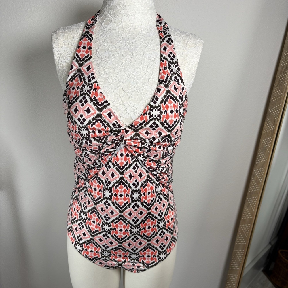 Merona Women M Pink Geometric Halter Swimsuit Boho Chic Polyester Spandex